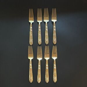 Set Of 8 Vintage Brass Dinner Forks Thailand Buddha Deity Pattern Heavy Flatware